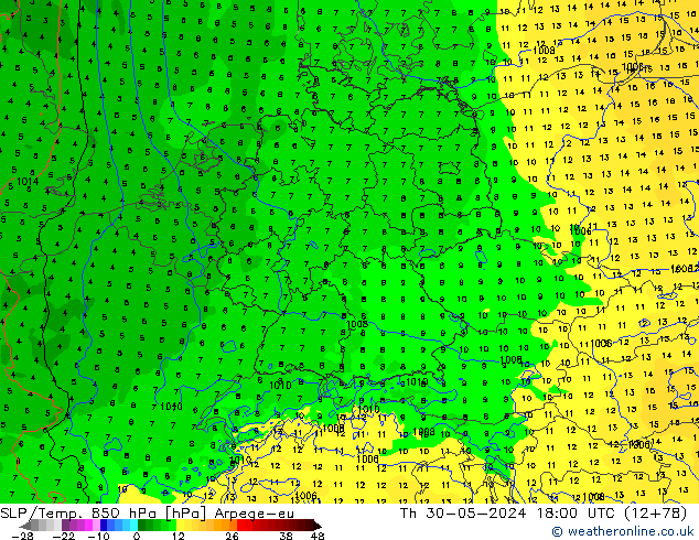 SLP/Temp. 850 hPa Arpege-eu jeu 30.05.2024 18 UTC