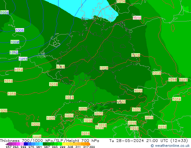 Thck 700-1000 hPa Arpege-eu  28.05.2024 21 UTC