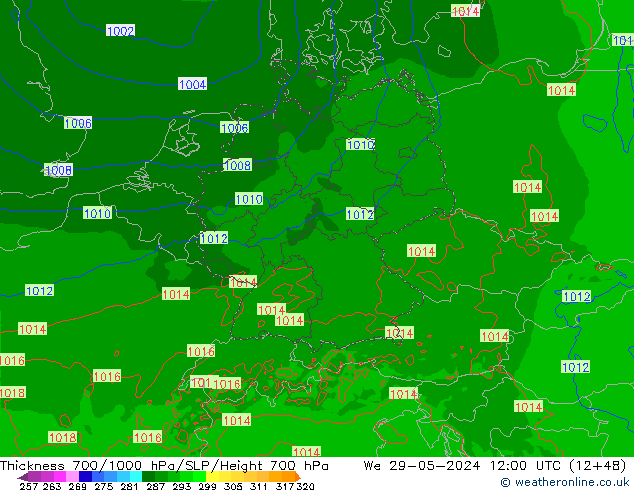 Thck 700-1000 hPa Arpege-eu mer 29.05.2024 12 UTC