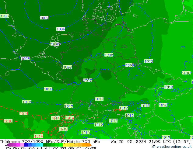 Thck 700-1000 hPa Arpege-eu Qua 29.05.2024 21 UTC