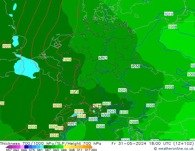 Thck 700-1000 hPa Arpege-eu ven 31.05.2024 18 UTC