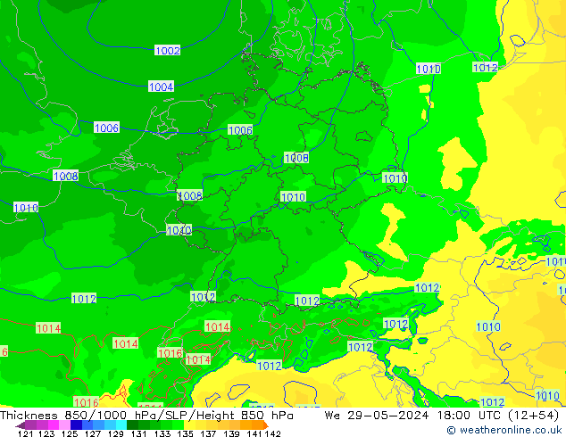 Thck 850-1000 hPa Arpege-eu  29.05.2024 18 UTC