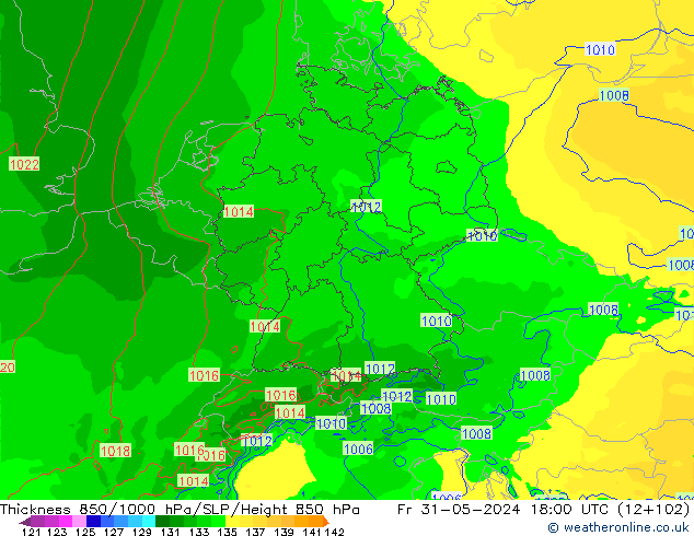 Dikte 850-1000 hPa Arpege-eu vr 31.05.2024 18 UTC