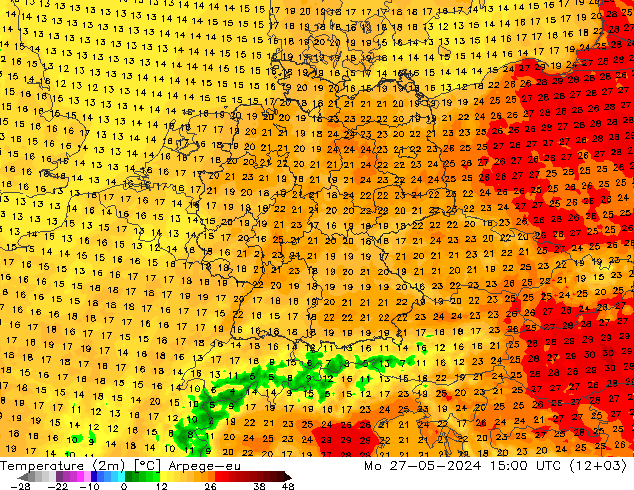 Temperaturkarte (2m) Arpege-eu Mo 27.05.2024 15 UTC