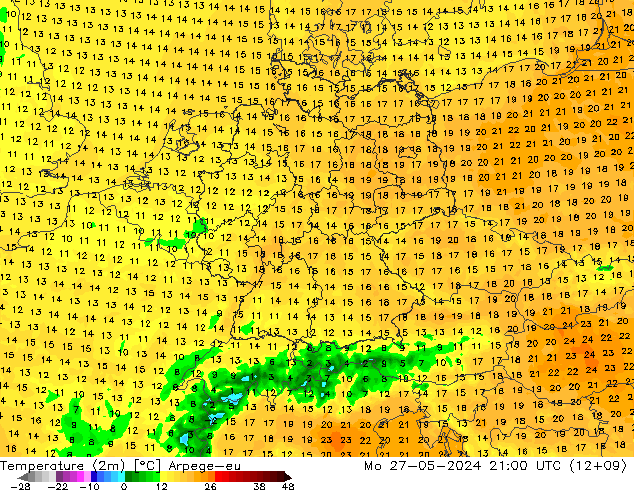 Temperature (2m) Arpege-eu Mo 27.05.2024 21 UTC