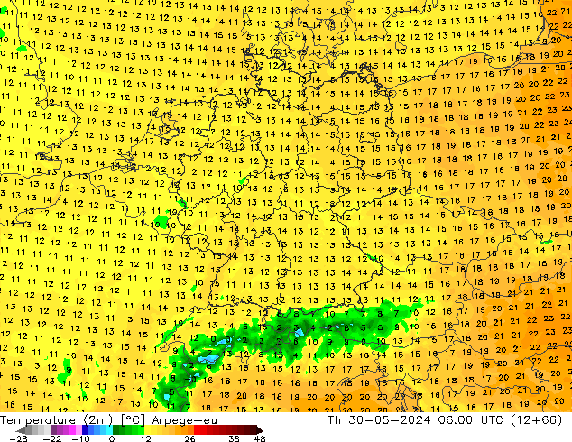 Temperaturkarte (2m) Arpege-eu Do 30.05.2024 06 UTC