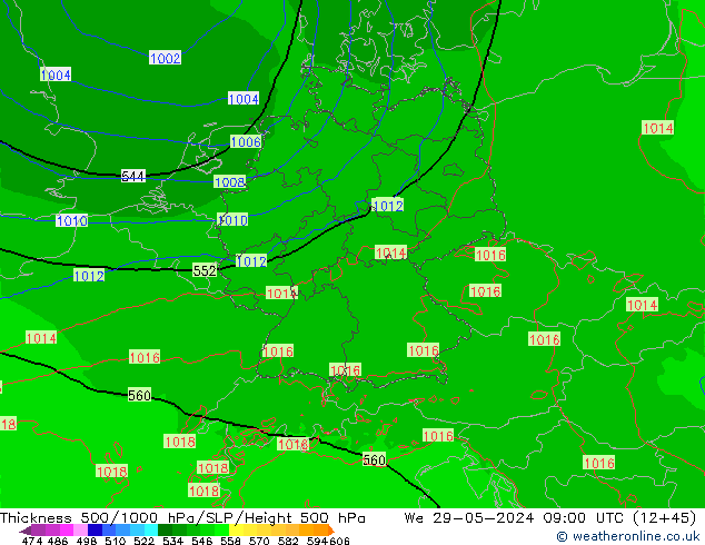 Espesor 500-1000 hPa Arpege-eu mié 29.05.2024 09 UTC