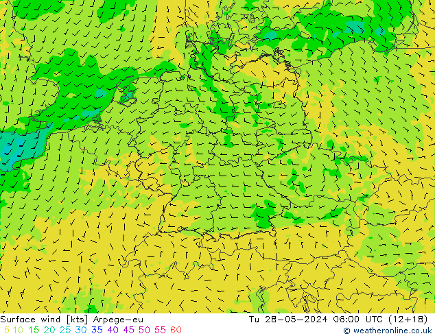 Surface wind Arpege-eu Út 28.05.2024 06 UTC