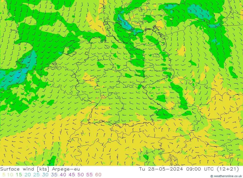 Viento 10 m Arpege-eu mar 28.05.2024 09 UTC