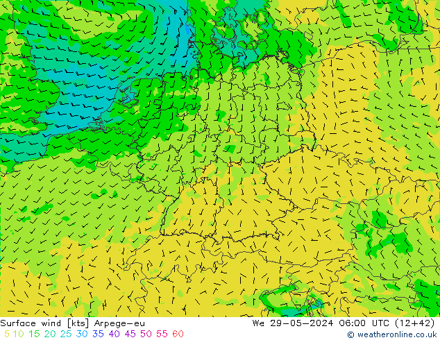 Vento 10 m Arpege-eu Qua 29.05.2024 06 UTC
