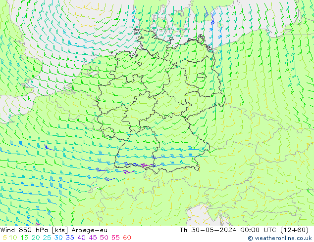 Wind 850 hPa Arpege-eu Čt 30.05.2024 00 UTC