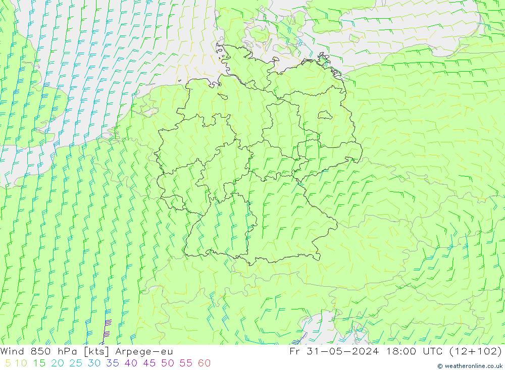 Vento 850 hPa Arpege-eu Sex 31.05.2024 18 UTC