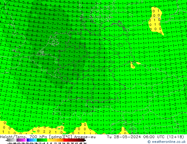 Height/Temp. 700 hPa Arpege-eu Út 28.05.2024 06 UTC