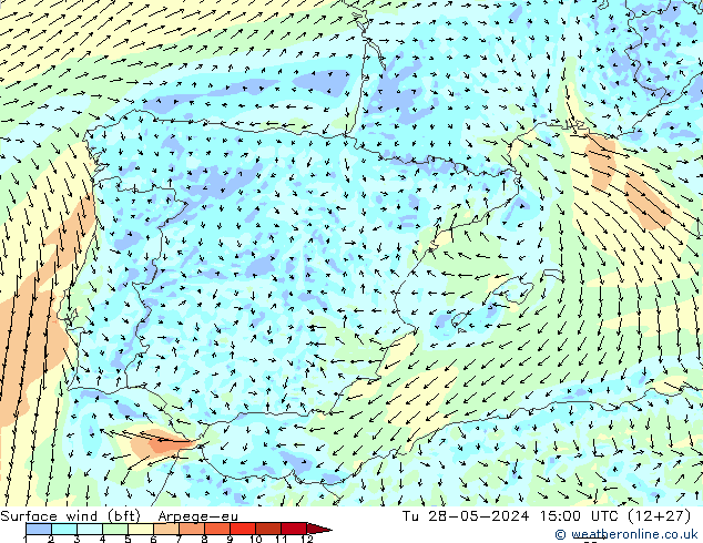 Surface wind (bft) Arpege-eu Tu 28.05.2024 15 UTC
