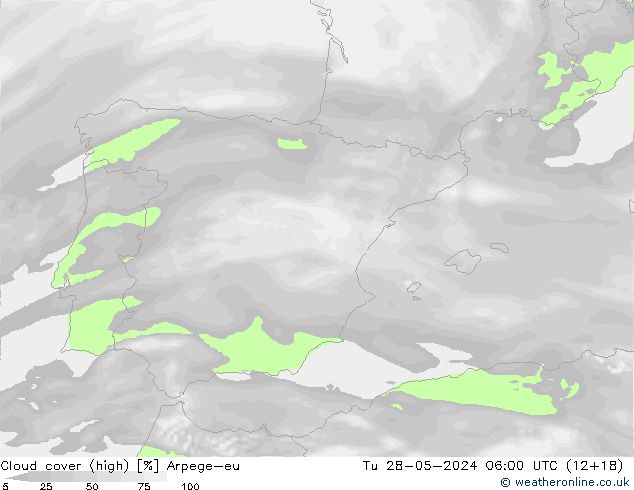 Cloud cover (high) Arpege-eu Tu 28.05.2024 06 UTC