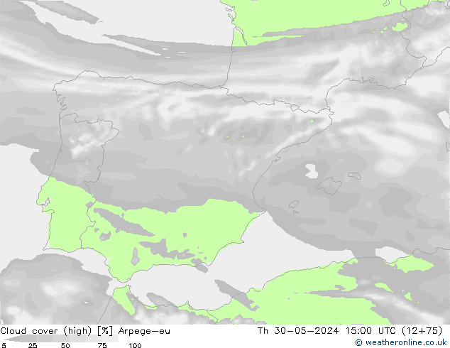 Cloud cover (high) Arpege-eu Th 30.05.2024 15 UTC