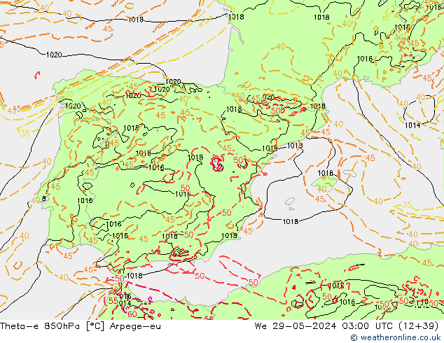 Theta-e 850hPa Arpege-eu wo 29.05.2024 03 UTC