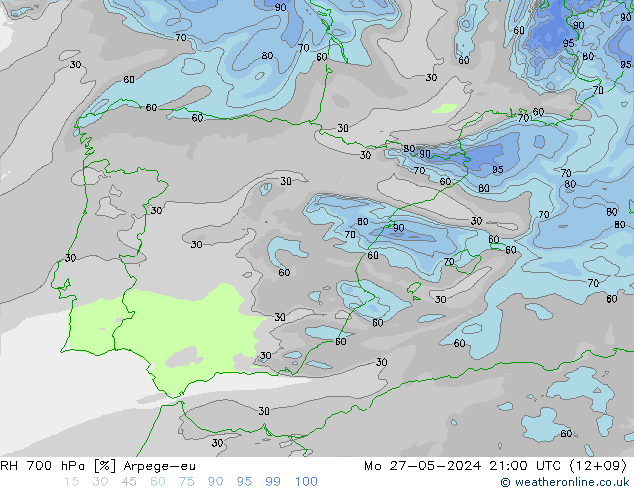 RH 700 hPa Arpege-eu Mo 27.05.2024 21 UTC