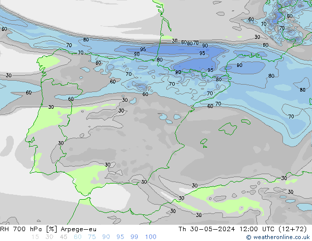 RH 700 hPa Arpege-eu Th 30.05.2024 12 UTC