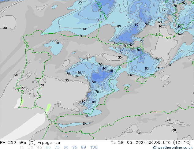 Humidité rel. 850 hPa Arpege-eu mar 28.05.2024 06 UTC