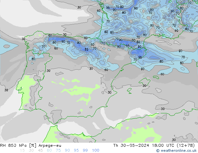 RH 850 hPa Arpege-eu czw. 30.05.2024 18 UTC