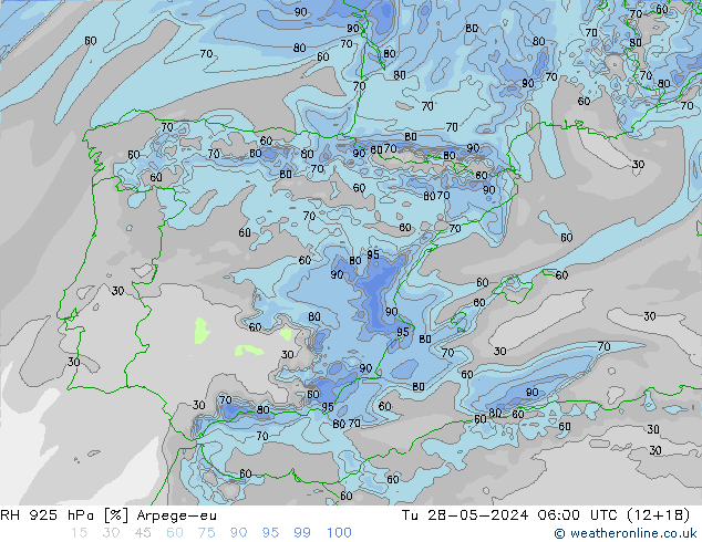 RH 925 hPa Arpege-eu Tu 28.05.2024 06 UTC