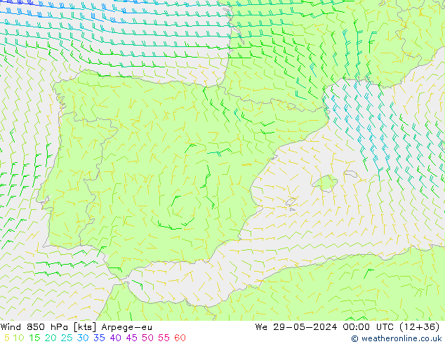 Wind 850 hPa Arpege-eu wo 29.05.2024 00 UTC