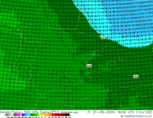 Height/Temp. 500 hPa Arpege-eu pt. 31.05.2024 18 UTC