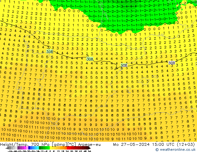 Height/Temp. 700 hPa Arpege-eu Po 27.05.2024 15 UTC