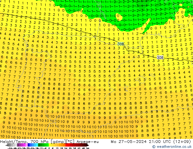 Height/Temp. 700 hPa Arpege-eu Mo 27.05.2024 21 UTC