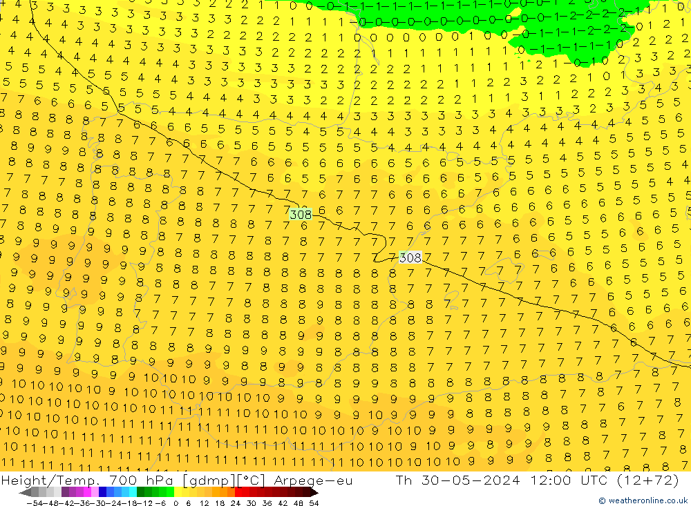 Height/Temp. 700 hPa Arpege-eu Čt 30.05.2024 12 UTC