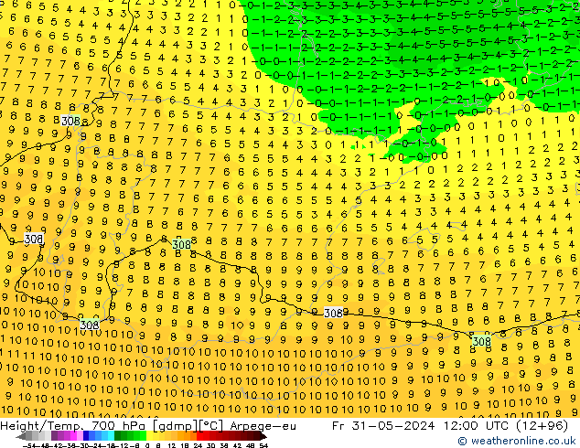 Height/Temp. 700 hPa Arpege-eu Pá 31.05.2024 12 UTC