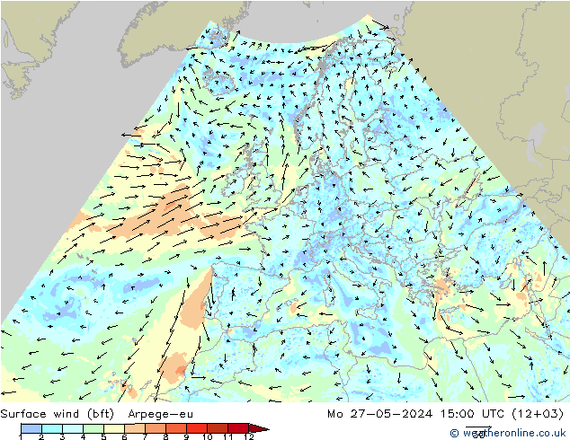 Wind 10 m (bft) Arpege-eu ma 27.05.2024 15 UTC