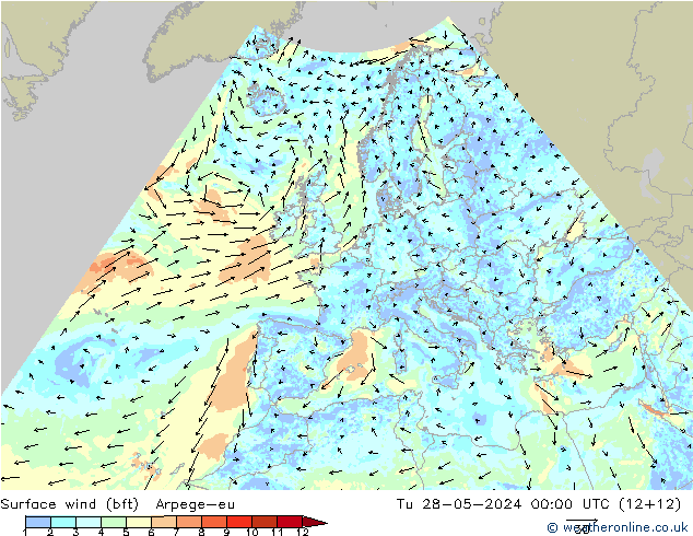 Surface wind (bft) Arpege-eu Tu 28.05.2024 00 UTC