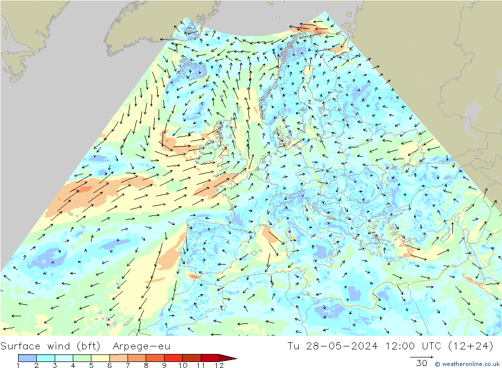 Surface wind (bft) Arpege-eu Tu 28.05.2024 12 UTC