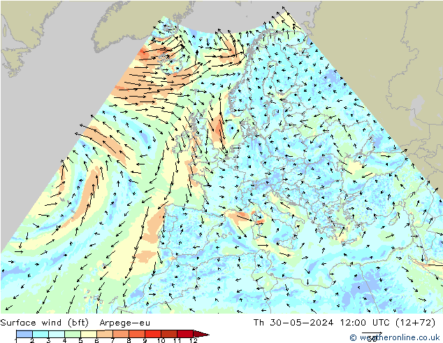 Surface wind (bft) Arpege-eu Th 30.05.2024 12 UTC