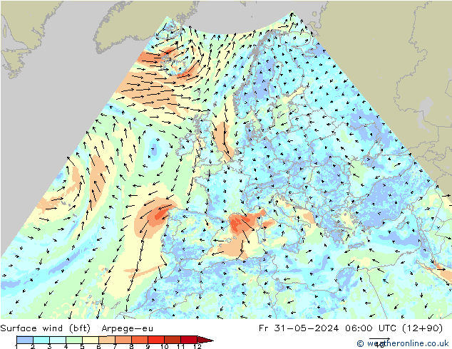 Viento 10 m (bft) Arpege-eu vie 31.05.2024 06 UTC