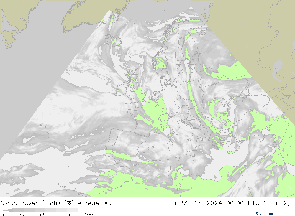 Cloud cover (high) Arpege-eu Tu 28.05.2024 00 UTC