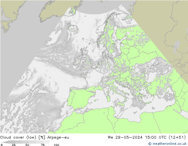 Cloud cover (low) Arpege-eu We 29.05.2024 15 UTC