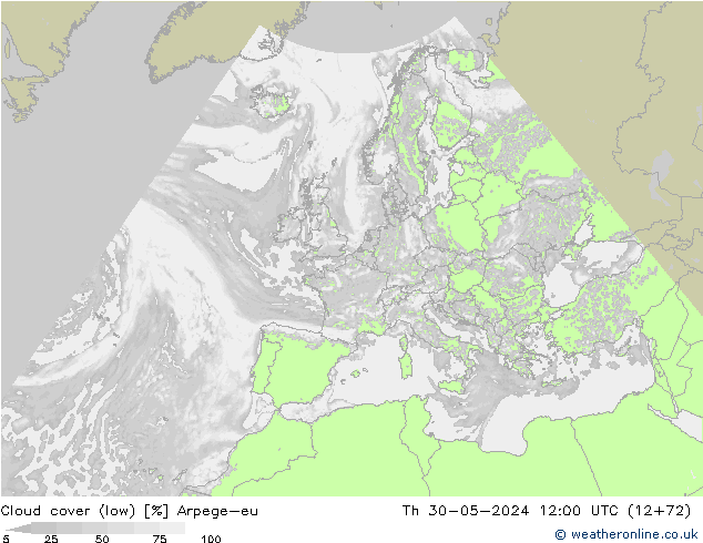 Cloud cover (low) Arpege-eu Th 30.05.2024 12 UTC