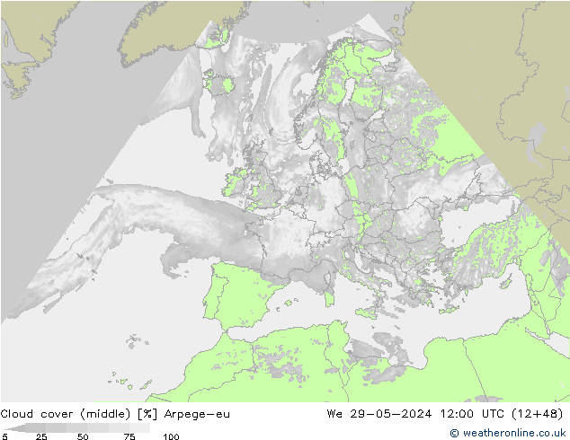 Cloud cover (middle) Arpege-eu We 29.05.2024 12 UTC