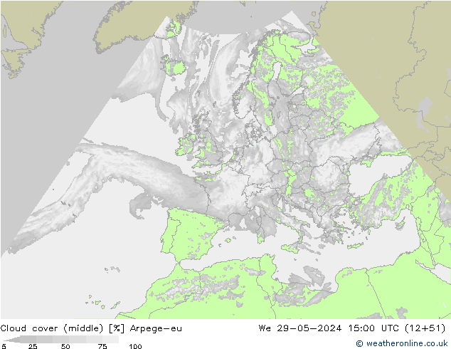 Cloud cover (middle) Arpege-eu We 29.05.2024 15 UTC