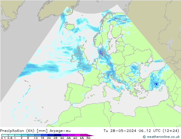 Totale neerslag (6h) Arpege-eu di 28.05.2024 12 UTC