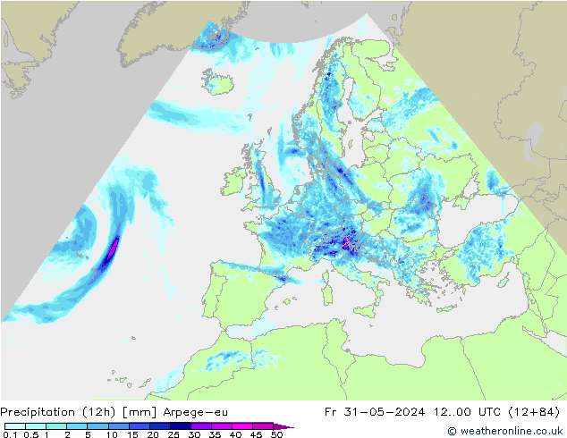 Totale neerslag (12h) Arpege-eu vr 31.05.2024 00 UTC