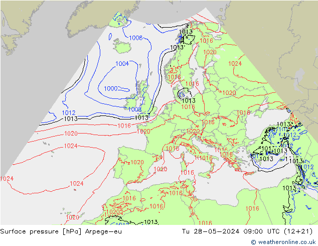 Surface pressure Arpege-eu Tu 28.05.2024 09 UTC