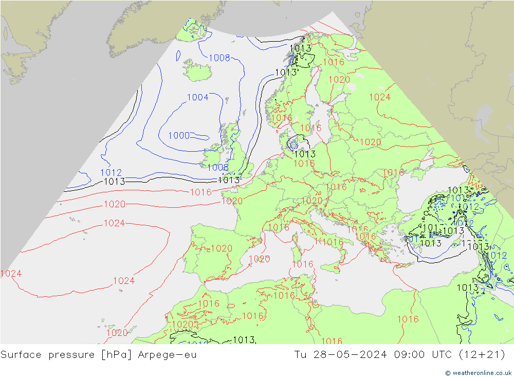 地面气压 Arpege-eu 星期二 28.05.2024 09 UTC