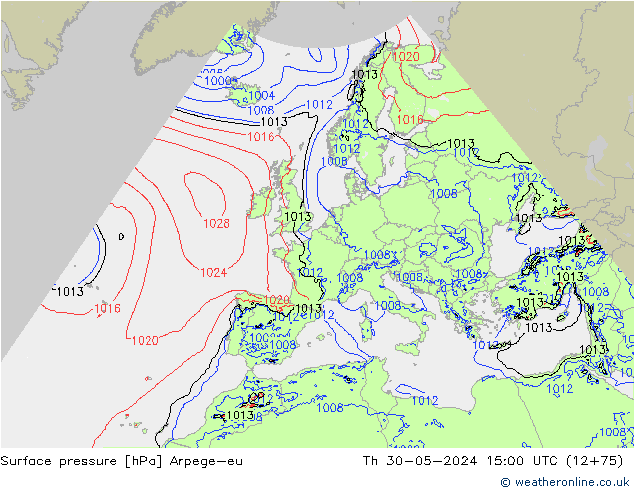 Atmosférický tlak Arpege-eu Čt 30.05.2024 15 UTC