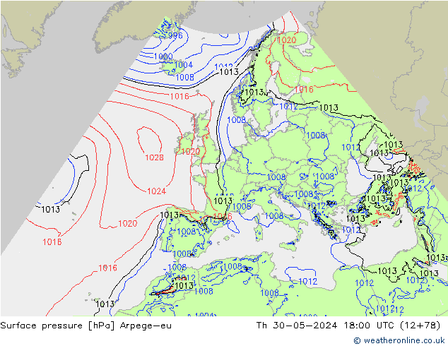 Atmosférický tlak Arpege-eu Čt 30.05.2024 18 UTC