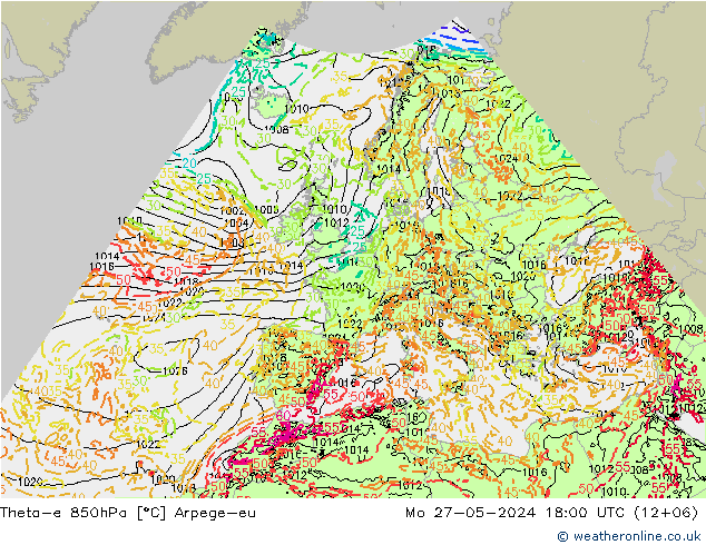 Theta-e 850hPa Arpege-eu ma 27.05.2024 18 UTC