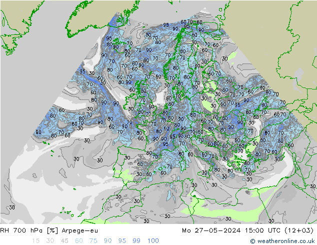 Humidité rel. 700 hPa Arpege-eu lun 27.05.2024 15 UTC